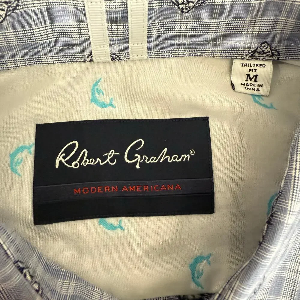 Robert Graham Button Front Short Sleeve Shirt ANGEL FISH Blue White  M